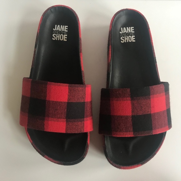 Jane And The Shoe Shoes - Red Buffalo Plaid Platform Footbed Sandals Shoes